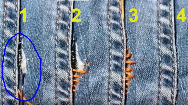 зашиваем дырку на джинсах на месте шва что бы не было видно